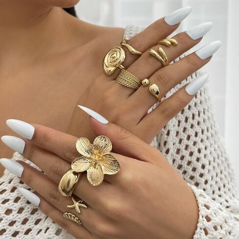 Huasai Gold Chunky Beachy Rings Dainty Seashell Shell Shell Flower Ring Flower Rings Boho قابلة للتكدي in Kuwait