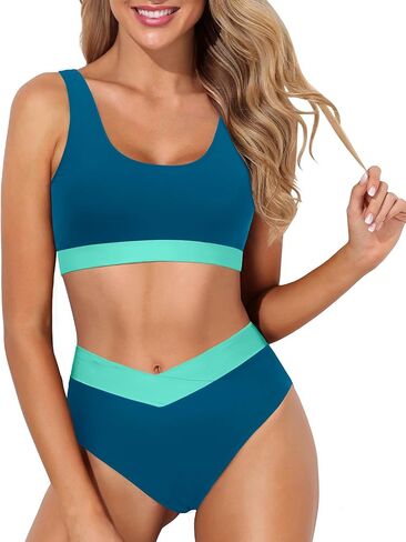 Tempt Me Women High Waisted Bikini Sets Two Piece Swimsuits Sport Bathing Suits with V Cut Bottom in Kuwait