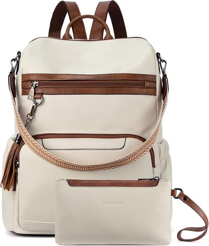 BOSTANTEN Leather Laptop Backpack for Women Designer Travel Backpack with Laptop Compartment Ladies Computer Shoulder Bags Black＆Beige＆Brown in Kuwait