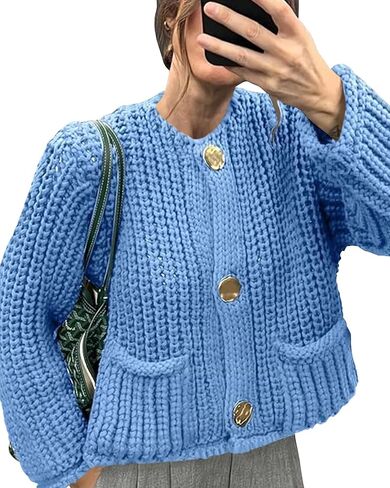 Gacaky Women's Crochet Chunky Knit Cardigan Sweater Casual Button Down Crop Tops Trendy Cardigan Sweater Jacket for Women in Saudi Arabia