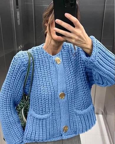 Gacaky Women's Crochet Chunky Knit Cardigan Sweater Casual Button Down Crop Tops Trendy Cardigan Sweater Jacket for Women in Saudi Arabia