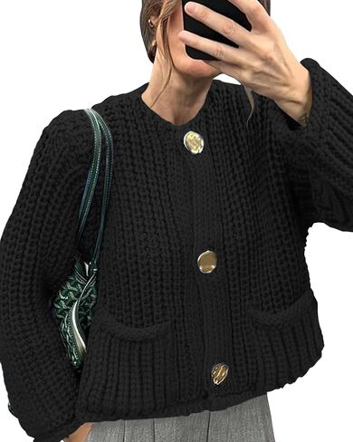 Gacaky Women's Crochet Chunky Knit Cardigan Sweater Casual Button Down Crop Tops Trendy Cardigan Sweater Jacket for Women in Saudi Arabia