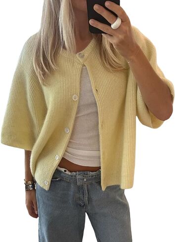Women's Y2K Summer Button Down Sweater Cardigans Shirts Short Sleeve Knitted Blouse Top Going Out Cropped Knit Tops in Saudi Arabia