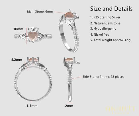 Heart Birthstone Claddagh Ring 925 Sterling Silver 6MM Heart-Shaped Birthstone Rings Irish Jewelry Good Luck for Women Size 3-13 in Kuwait