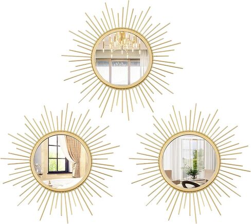 Cityelf 3 مجموعة مرايا Gold Sunburst للجدار الزخرفية المرايا المعدنية مرآة صغيرة مجموعات ديكور الجدار معلقة مرآة الحائط النحت لغرفة النوم غرفة المعيشة مدخل in Kuwait