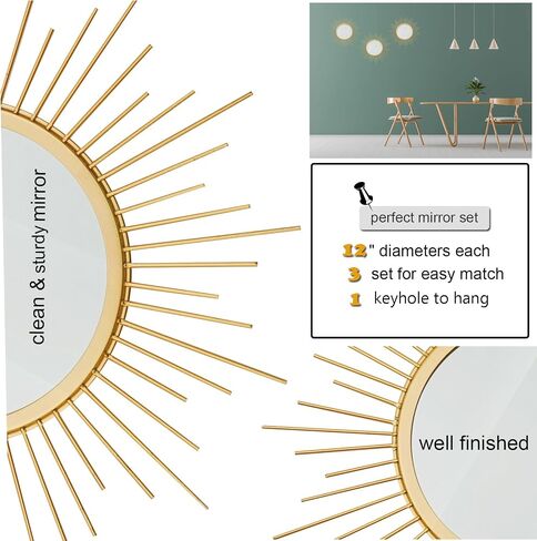 Cityelf 3 مجموعة مرايا Gold Sunburst للجدار الزخرفية المرايا المعدنية مرآة صغيرة مجموعات ديكور الجدار معلقة مرآة الحائط النحت لغرفة النوم غرفة المعيشة مدخل in Kuwait