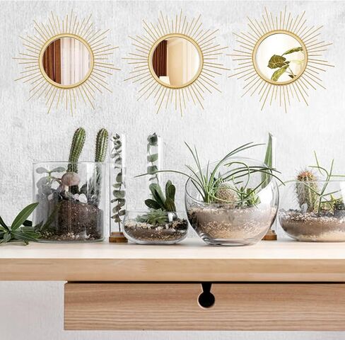 Cityelf 3 مجموعة مرايا Gold Sunburst للجدار الزخرفية المرايا المعدنية مرآة صغيرة مجموعات ديكور الجدار معلقة مرآة الحائط النحت لغرفة النوم غرفة المعيشة مدخل in Kuwait