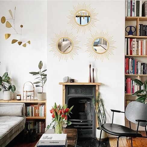 Cityelf 3 مجموعة مرايا Gold Sunburst للجدار الزخرفية المرايا المعدنية مرآة صغيرة مجموعات ديكور الجدار معلقة مرآة الحائط النحت لغرفة النوم غرفة المعيشة مدخل in Kuwait