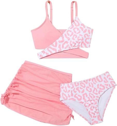 Girls Swimsuits 3 Piece Bathing Suit Leopard Printed Bikini Set with Cover Up Skirt Summer Beach Swimwear 6-15 Years in Kuwait