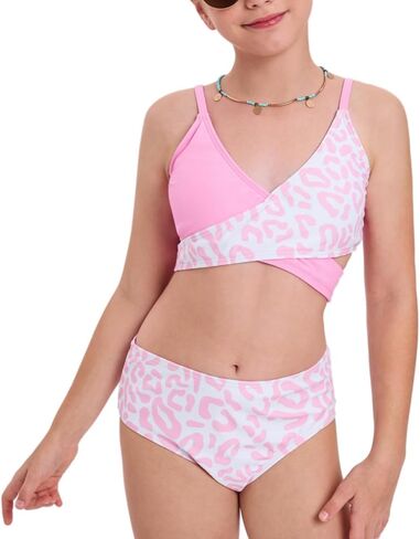 Girls Swimsuits 3 Piece Bathing Suit Leopard Printed Bikini Set with Cover Up Skirt Summer Beach Swimwear 6-15 Years in Kuwait