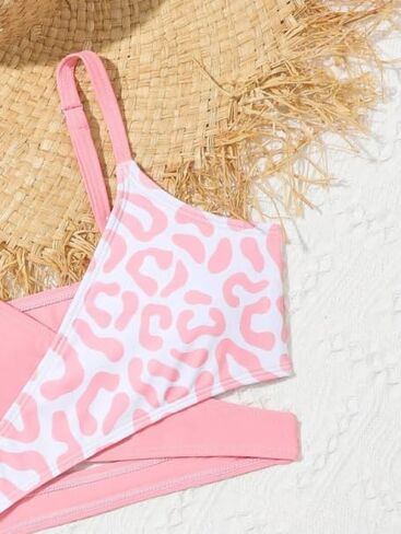 Girls Swimsuits 3 Piece Bathing Suit Leopard Printed Bikini Set with Cover Up Skirt Summer Beach Swimwear 6-15 Years in Kuwait