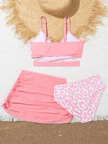Girls Swimsuits 3 Piece Bathing Suit Leopard Printed Bikini Set with Cover Up Skirt Summer Beach Swimwear 6-15 Years in Kuwait