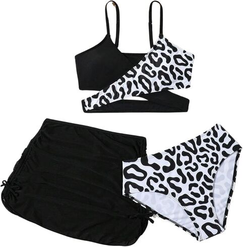 Girls Swimsuits 3 Piece Bathing Suit Leopard Printed Bikini Set with Cover Up Skirt Summer Beach Swimwear 6-15 Years in Kuwait