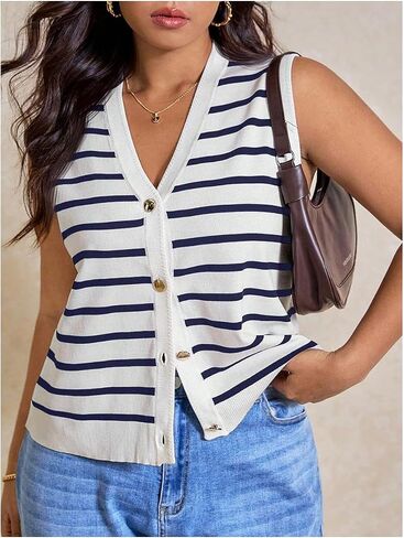 Verdusa Women's Plus Size Vest Top Trendy Old Money Striped Button Down Sleeveless Sweater Tops in Saudi Arabia
