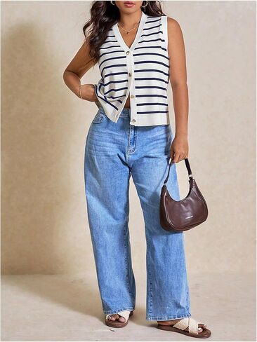 Verdusa Women's Plus Size Vest Top Trendy Old Money Striped Button Down Sleeveless Sweater Tops in Saudi Arabia