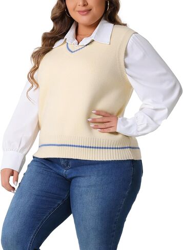 Agnes Orinda Plus Size Sweater Vest for Women V Neck Stripe Cable Knit Sleeveless Pullover Sweater Vest in Saudi Arabia