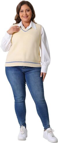 Agnes Orinda Plus Size Sweater Vest for Women V Neck Stripe Cable Knit Sleeveless Pullover Sweater Vest in Saudi Arabia