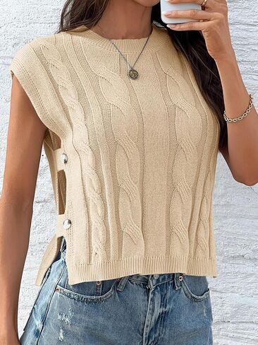 Saodimallsu Womens Cropped Sweater Vest Cap Sleeve Cable Knit Crew Neck Side Slit Button Y2k Summer Crop Tank Tops in Saudi Arabia