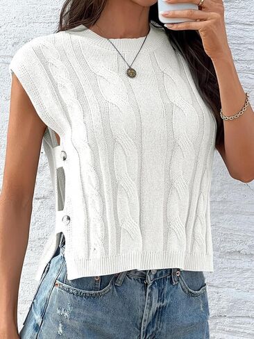 Saodimallsu Womens Cropped Sweater Vest Cap Sleeve Cable Knit Crew Neck Side Slit Button Y2k Summer Crop Tank Tops in Saudi Arabia