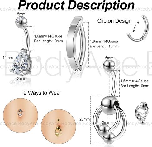 BodyAce 14G Belly Button Hoop Navel Rings, Gold Curved Barbells Silver Belly Clicker for Women, Stainless Steel Christina Piercing Cute Belly Jewelry in Saudi Arabia