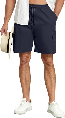 Men's Cargo Shorts Casual Elastic Waist Drawstring Summer Cotton Work Jogger Shorts with 5 Pockets for Golf Hiking in Kuwait