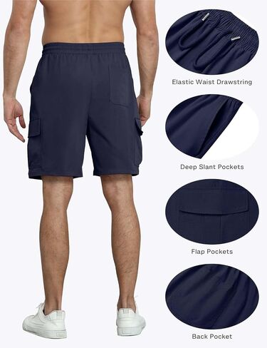 Men's Cargo Shorts Casual Elastic Waist Drawstring Summer Cotton Work Jogger Shorts with 5 Pockets for Golf Hiking in Kuwait
