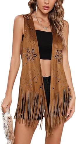 Women's Vintage Cowgirl Tassel Vests 70s Hippie Sleeveless Fringe Waistcoat Hollow Out Western Jacket Gilet in Saudi Arabia