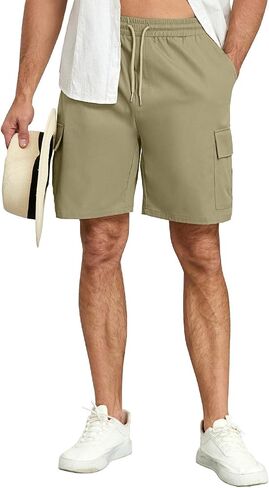 Men's Cargo Shorts Casual Elastic Waist Drawstring Summer Cotton Work Jogger Shorts with 5 Pockets for Golf Hiking in Kuwait