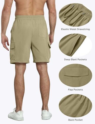Men's Cargo Shorts Casual Elastic Waist Drawstring Summer Cotton Work Jogger Shorts with 5 Pockets for Golf Hiking in Kuwait