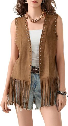 Women's Vintage Cowgirl Tassel Vests 70s Hippie Sleeveless Fringe Waistcoat Hollow Out Western Jacket Gilet in Saudi Arabia