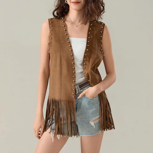 Women's Vintage Cowgirl Tassel Vests 70s Hippie Sleeveless Fringe Waistcoat Hollow Out Western Jacket Gilet in Saudi Arabia