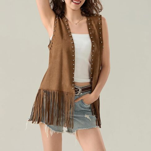 Women's Vintage Cowgirl Tassel Vests 70s Hippie Sleeveless Fringe Waistcoat Hollow Out Western Jacket Gilet in Saudi Arabia