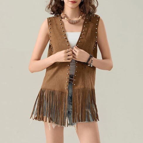 Women's Vintage Cowgirl Tassel Vests 70s Hippie Sleeveless Fringe Waistcoat Hollow Out Western Jacket Gilet in Saudi Arabia