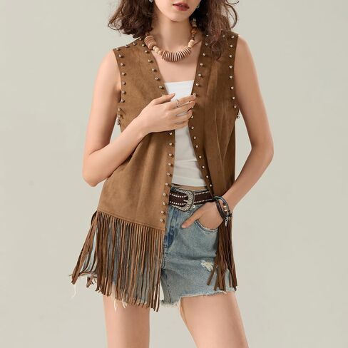 Women's Vintage Cowgirl Tassel Vests 70s Hippie Sleeveless Fringe Waistcoat Hollow Out Western Jacket Gilet in Saudi Arabia