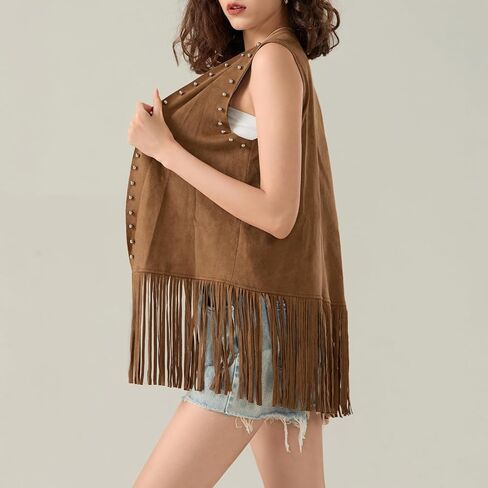Women's Vintage Cowgirl Tassel Vests 70s Hippie Sleeveless Fringe Waistcoat Hollow Out Western Jacket Gilet in Saudi Arabia