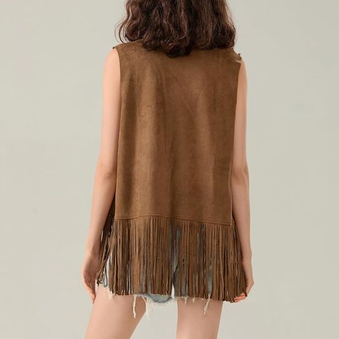 Women's Vintage Cowgirl Tassel Vests 70s Hippie Sleeveless Fringe Waistcoat Hollow Out Western Jacket Gilet in Saudi Arabia
