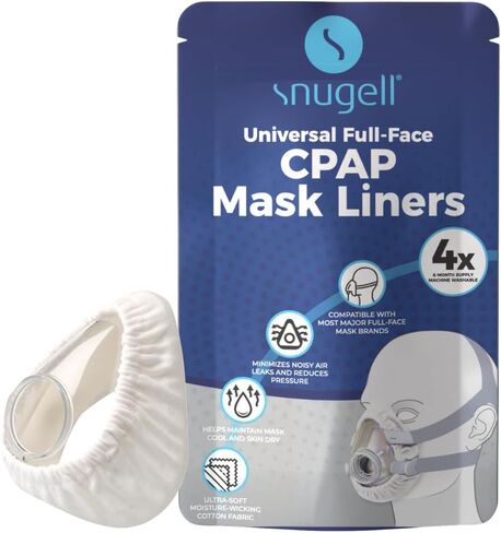 بطانات قناع CPAP لكامل الوجه من Snugel | عبوة من 4 بطانات | مقاس واحد يناسب الجميع | نسيج قطني ناعم | يقلل من تسرب الهواء الصاخب | يقلل من تهيج الجلد | قابلة لإعادة الاستخدام وقابلة للغسل | العرض لمدة 6 أشهر in Kuwait