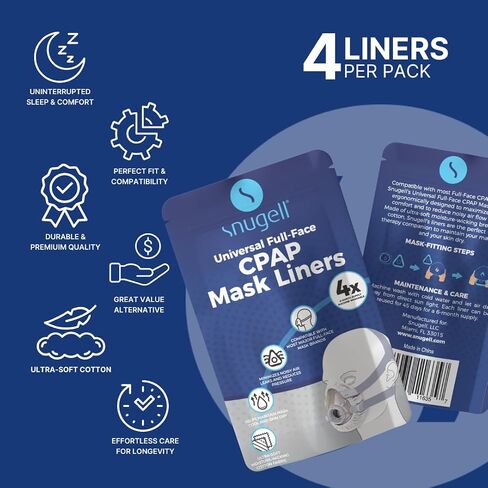 بطانات قناع CPAP لكامل الوجه من Snugel | عبوة من 4 بطانات | مقاس واحد يناسب الجميع | نسيج قطني ناعم | يقلل من تسرب الهواء الصاخب | يقلل من تهيج الجلد | قابلة لإعادة الاستخدام وقابلة للغسل | العرض لمدة 6 أشهر in Kuwait