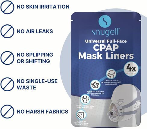 بطانات قناع CPAP لكامل الوجه من Snugel | عبوة من 4 بطانات | مقاس واحد يناسب الجميع | نسيج قطني ناعم | يقلل من تسرب الهواء الصاخب | يقلل من تهيج الجلد | قابلة لإعادة الاستخدام وقابلة للغسل | العرض لمدة 6 أشهر in Kuwait