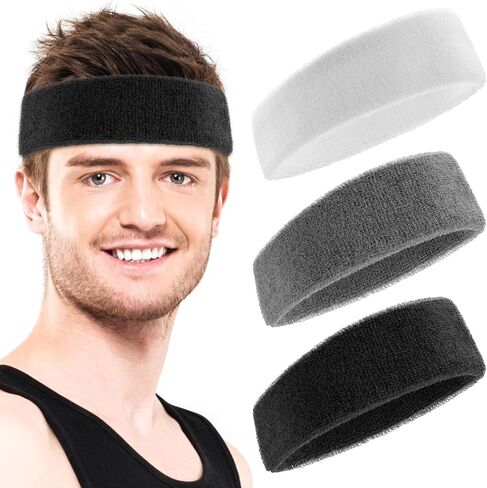 3Pcs Sweatbands Sports Headbands, Moisture Wicking Cotton Headband for Men & Women, Workout Headbands for Tennis, Basketball, Running, Gym - Sweat Band in Saudi Arabia