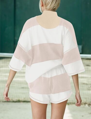 MISSACTIVER Womens 2 Piece Lounge Set Stripe Half Sleeve Oversized Shirts Shorts Summer Two Piece Workout Sets in Saudi Arabia