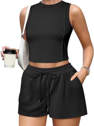 OQQ Two Piece Sets for Women Summer Outfits Lounge Sets Crew Neck Tops Wide Leg Shorts Vacation Travel in Saudi Arabia