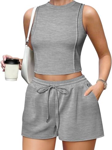 OQQ Two Piece Sets for Women Summer Outfits Lounge Sets Crew Neck Tops Wide Leg Shorts Vacation Travel in Saudi Arabia