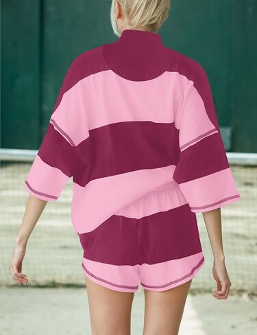 MISSACTIVER Womens 2 Piece Lounge Set Stripe Half Sleeve Oversized Shirts Shorts Summer Two Piece Workout Sets in Saudi Arabia