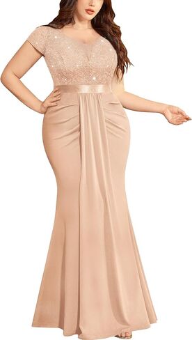 MISSMAY Women's Plus Size Double V Neck Sequin Lace Contrast Ruched Bodycon Mermaid Hem Formal Maxi Dress in Kuwait