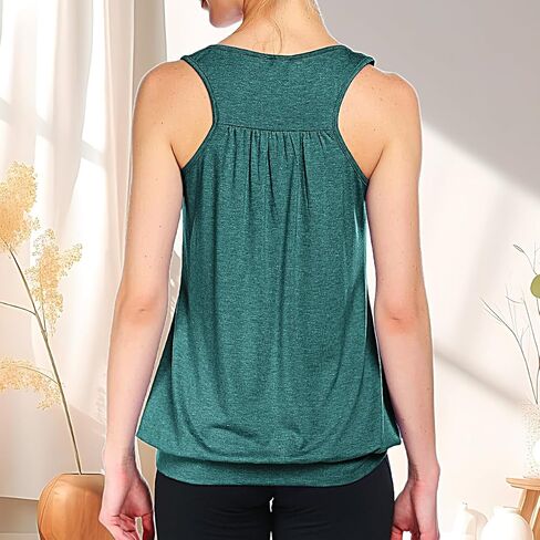 Women's Workout Tops Racerback Loose Fit Yoga Top Round Neck Sleeveless Ruched Tank Top with Baned Bottom in Kuwait