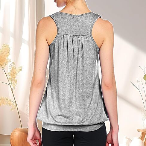 Women's Workout Tops Racerback Loose Fit Yoga Top Round Neck Sleeveless Ruched Tank Top with Baned Bottom in Kuwait
