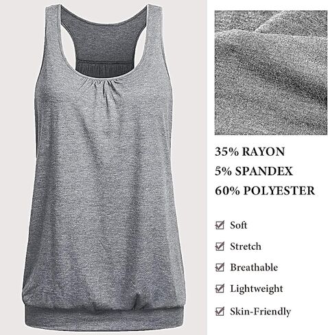 Women's Workout Tops Racerback Loose Fit Yoga Top Round Neck Sleeveless Ruched Tank Top with Baned Bottom in Kuwait