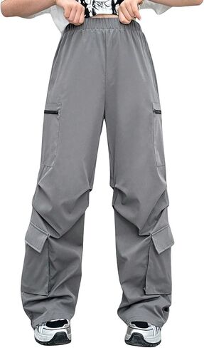 OYOANGLE Girl's High Elastic Waisted Pleated Cargo Pants Straight Wide Leg Y2K Streetwear Casual Trousers with Pockets in Saudi Arabia