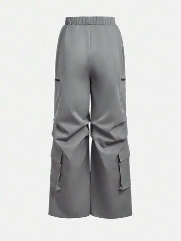 OYOANGLE Girl's High Elastic Waisted Pleated Cargo Pants Straight Wide Leg Y2K Streetwear Casual Trousers with Pockets in Saudi Arabia